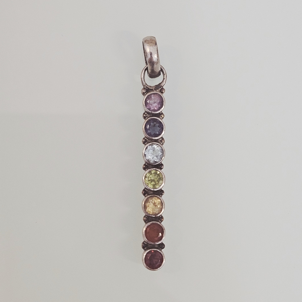 Vintage Seven Stone Chakra Sterling Silver Multi Gemstone 925 Pendant